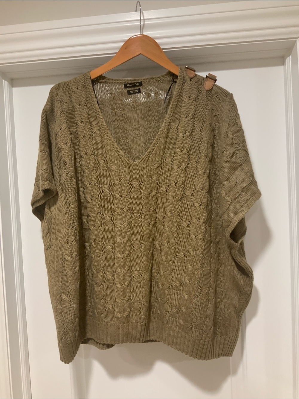 Massimo Dutti Olive Cable-Knit V-Neck Sweater Poncho
